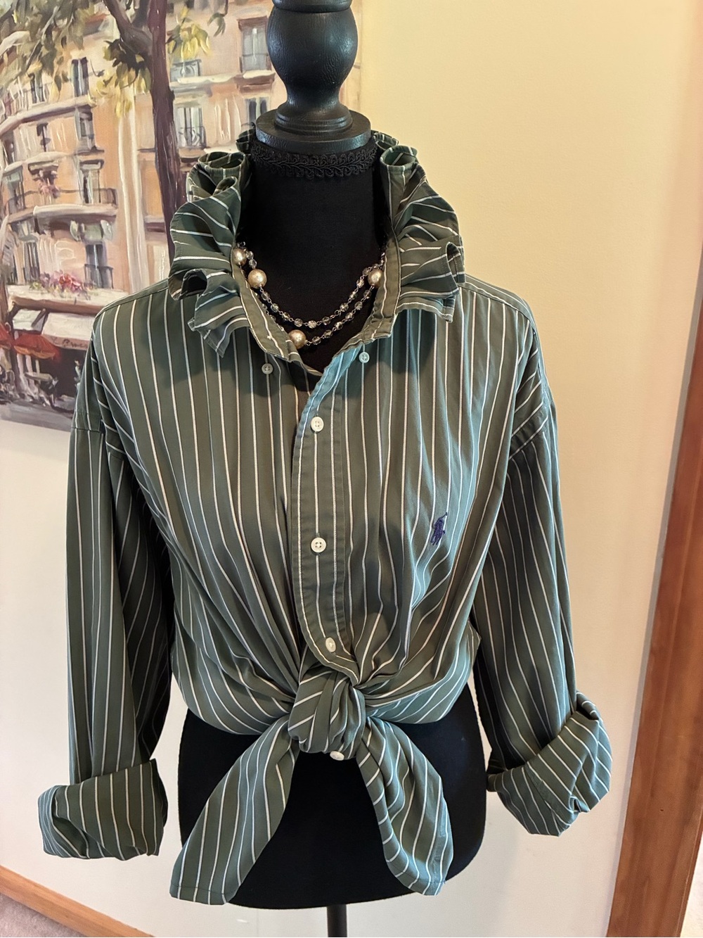 Ralph Lauren Olive Green & White Stripe Button-Front Tie Hem Shirt